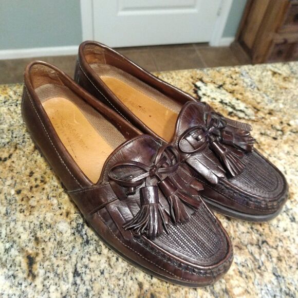 Johnston & Murphy Mens 7.5 M Brown Italian Leather Tassle Weave Loafers Shoes - Picture 6 of 12